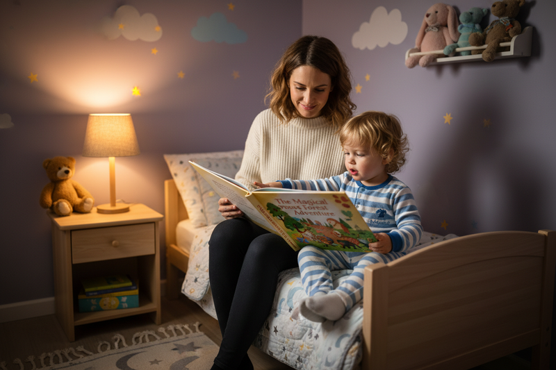 Can you create an image of a mum reading her toddler a book to bed 