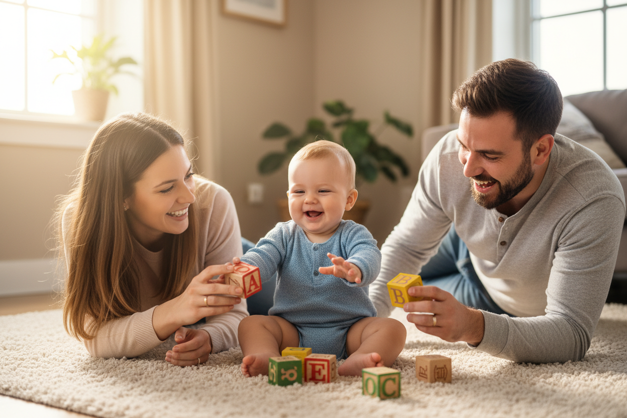Generate a video of a baby with his parents playing with abc blocks