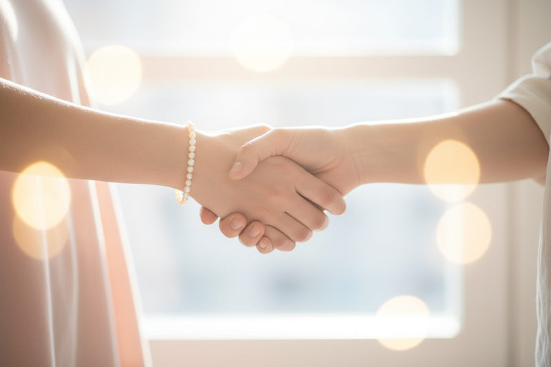 Generate an image of a handshake partnership for an our story tab on an about us page. Please make it soft and welcoming to parents 