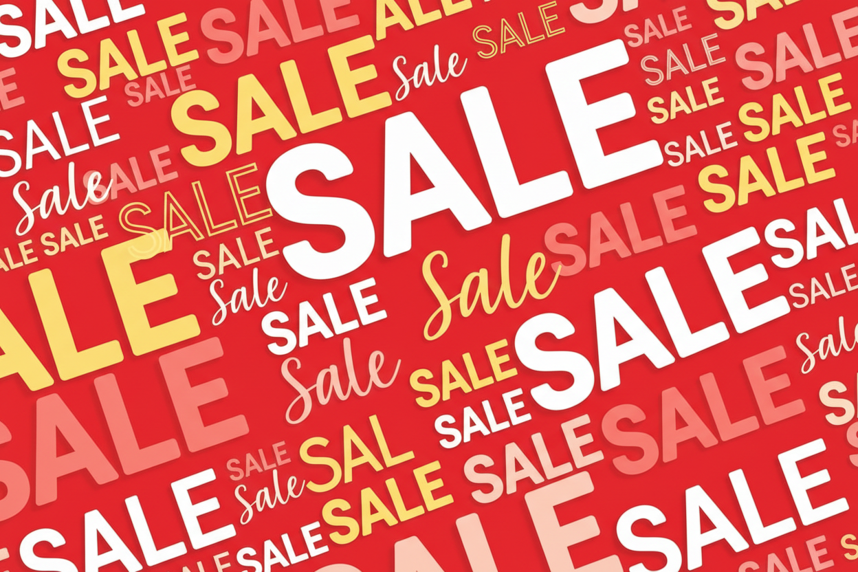 red screen with sale all over it 